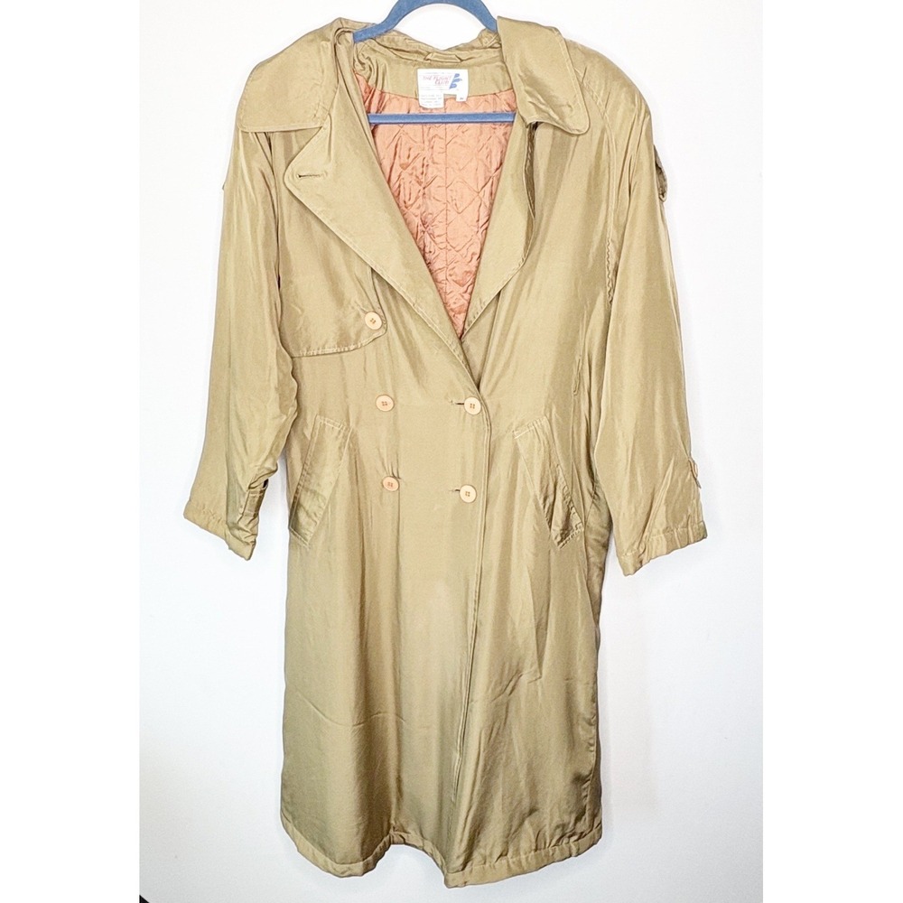 Vintage The Flight Club Tan Pure Silk‎ Double Breasted Trench Coat Size M